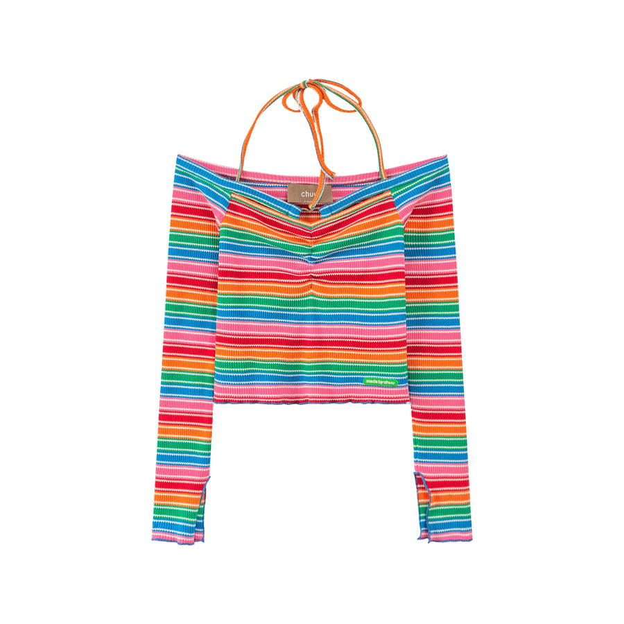 CHUU Rainbow Stripes Off-Shoulder Top