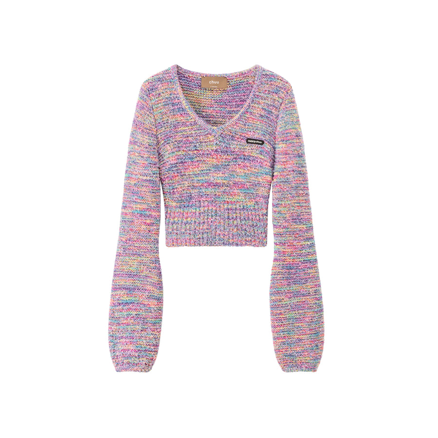 CHUU Rainbow V-Neck Long Sleeve Crop Knit Sweater