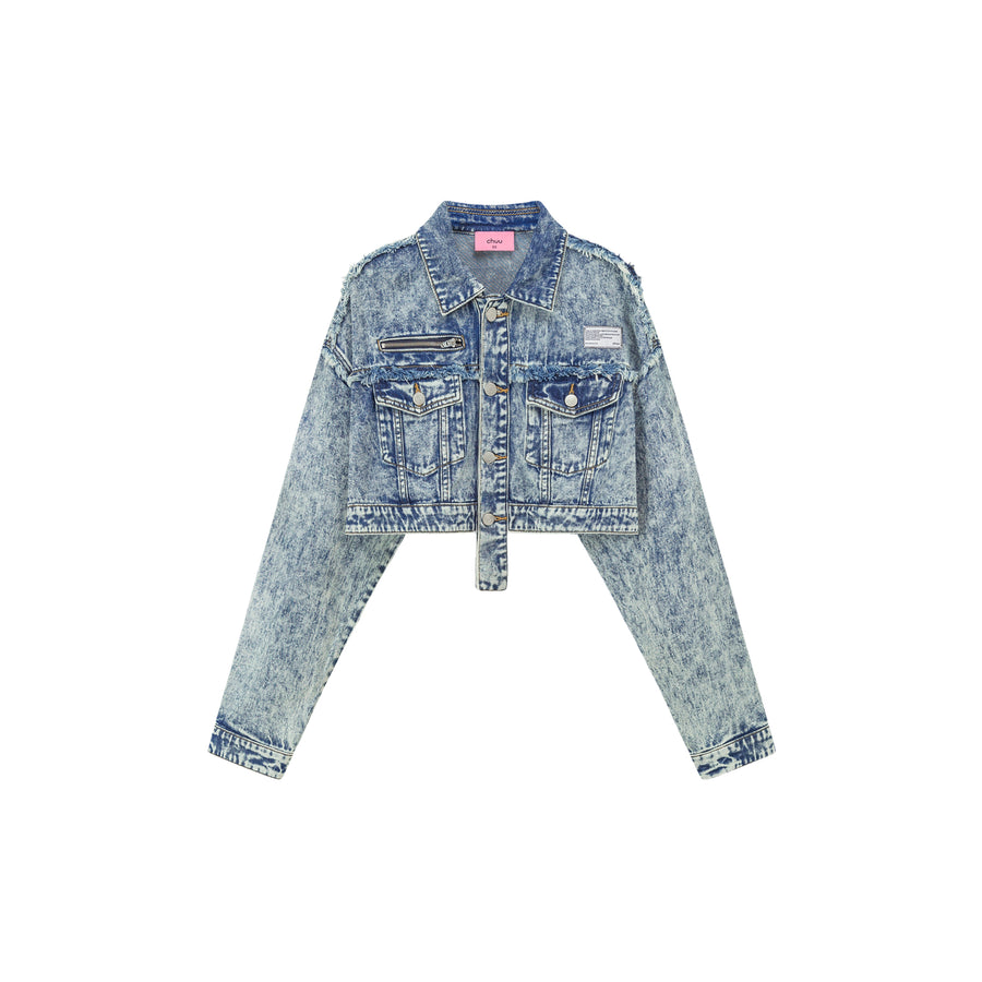 CHUU Fringe Trim Denim Cropped Jacket