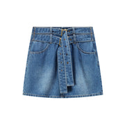 Double Belted Mini Denim Skirt