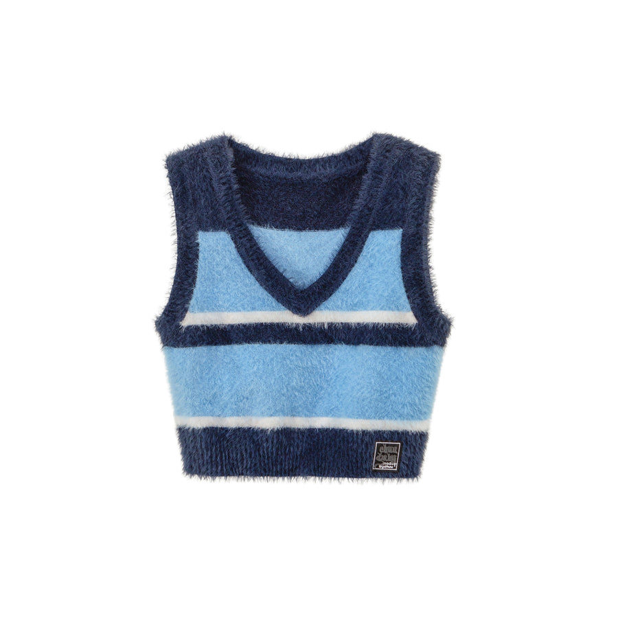 CHUU Truly Connect Striped V-Neck Furry Vest