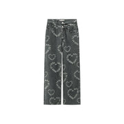 Waist Cutout Heart Print Wide Jeans