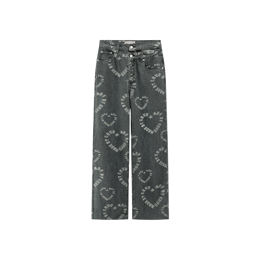 CHUU Waist Cutout Heart Print Wide Jeans