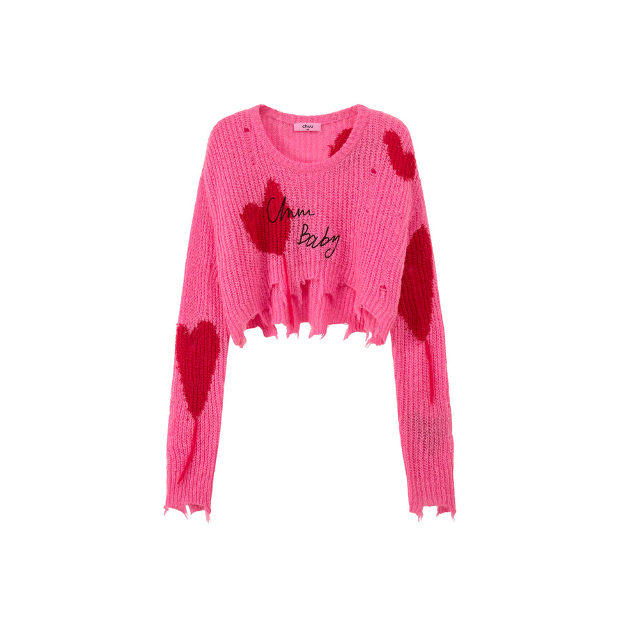 CHUU Distressed Heart Cropped Knit Sweater