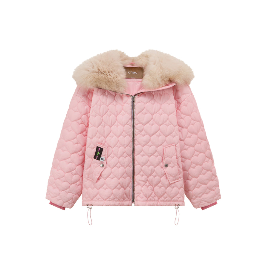 CHUU Fur Hoodie Heart Quilted Jacket