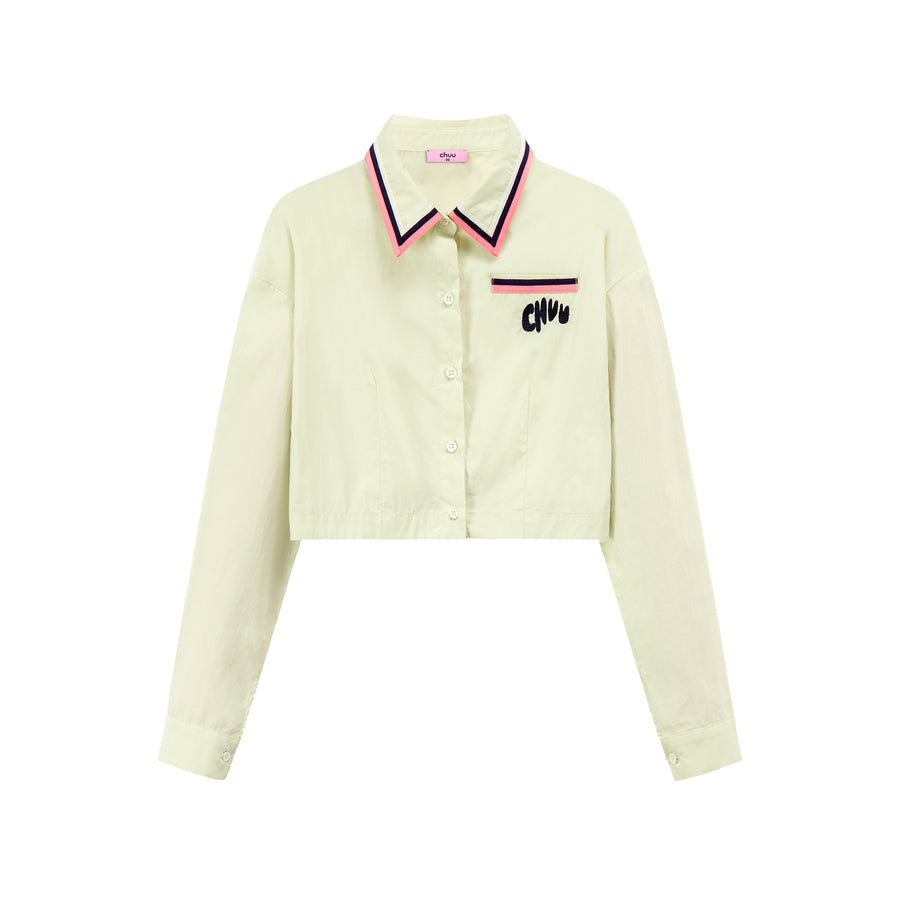 CHUU Embroidered Stripe Collar Crop Shirt