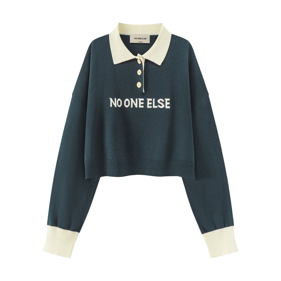 CHUU Polo Neck Cropped Knit Sweatshirt