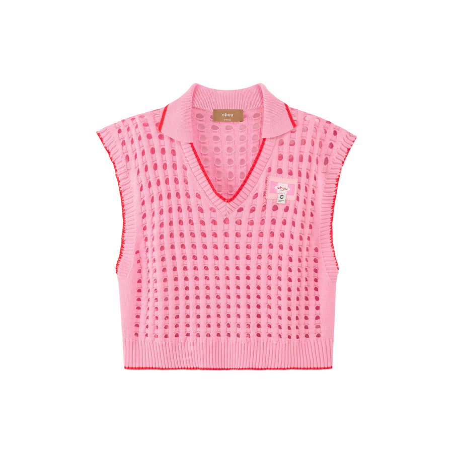 CHUU Ex-Varsity Girl Crochet Vest Sweater