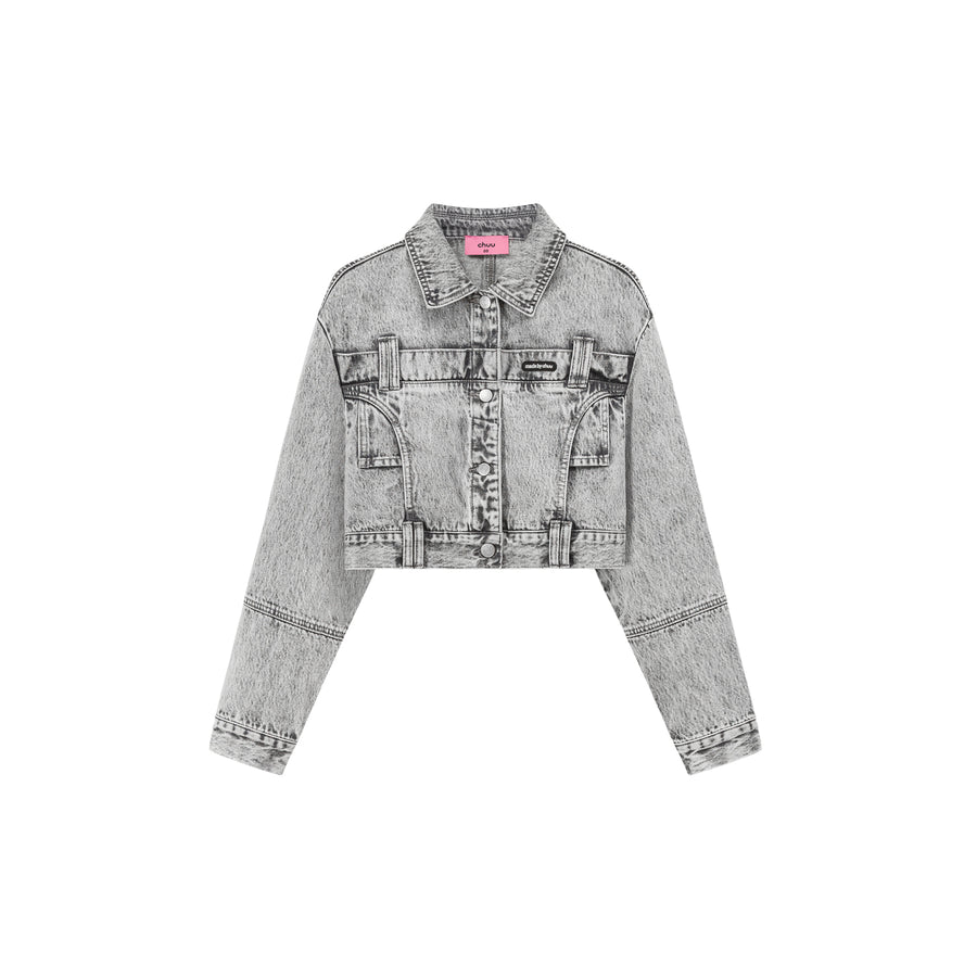 CHUU Back Cut Out Cropped Denim Jacket