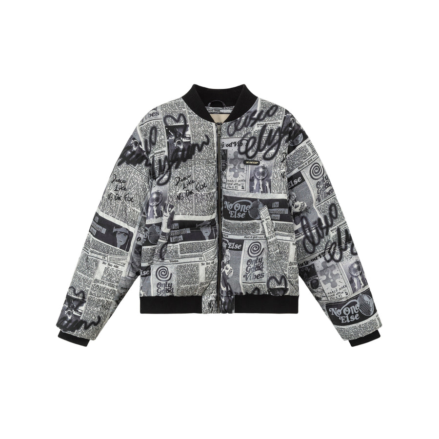 CHUU Newspaper Collage Padded Crop Jacket