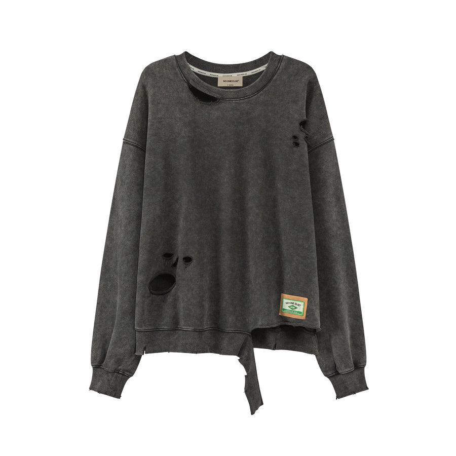 CHUU Unbalanced Distressed Long Sleeve Sweater