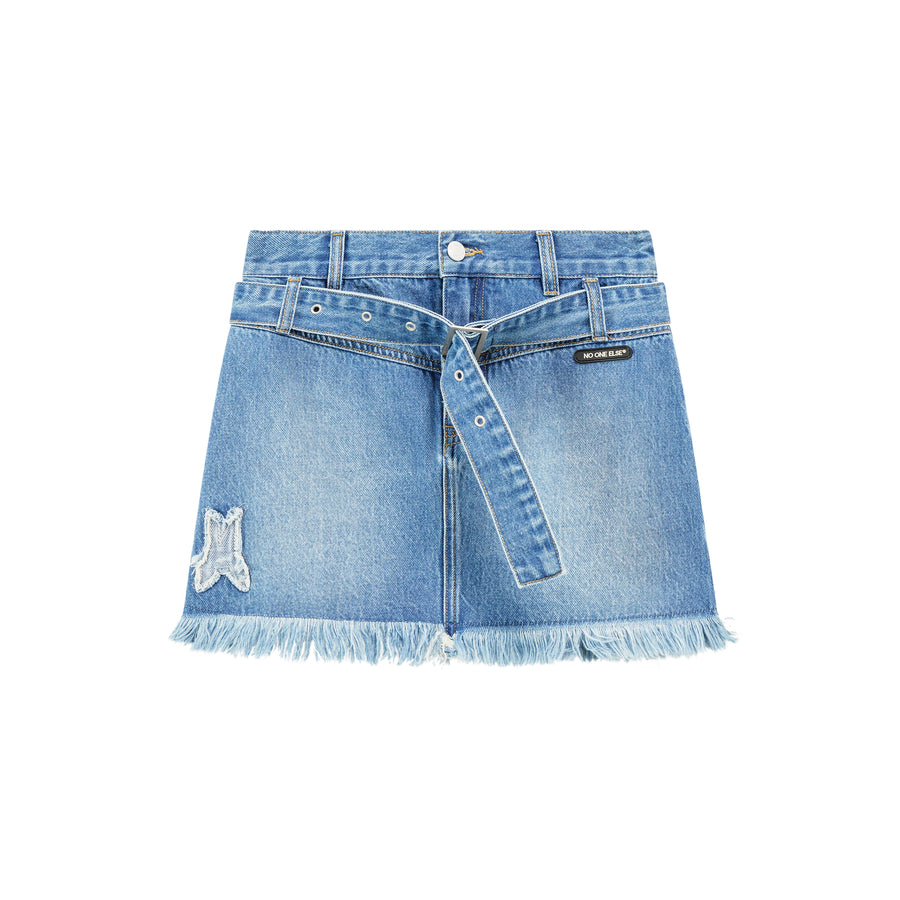 CHUU Denim Fringe Mini Skirt