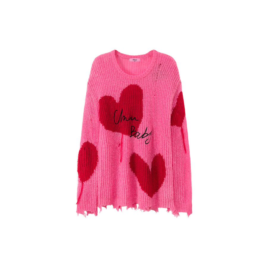 CHUU Distressed Heart Loose Fit Sweater