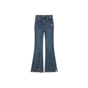 Embroidered Fringed Hem Denim Jeans