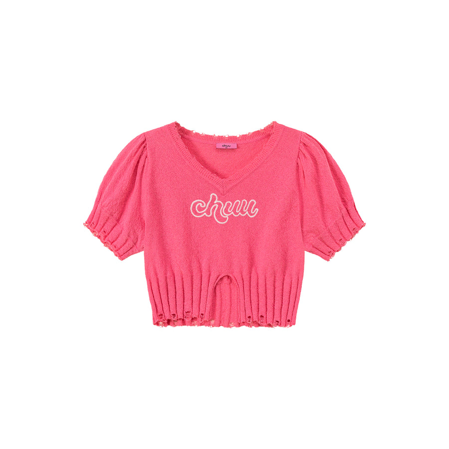 CHUU Embroidered Split Cropped Knit Top