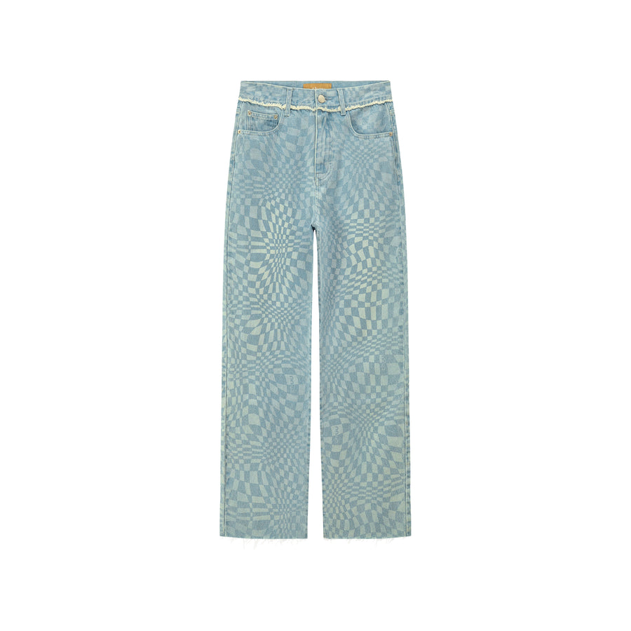 CHUU Check High-Waisted Wide Denim Pants