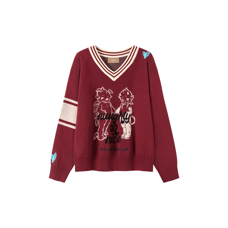 CHUU Angel And Devil V-Neck Knit Sweater