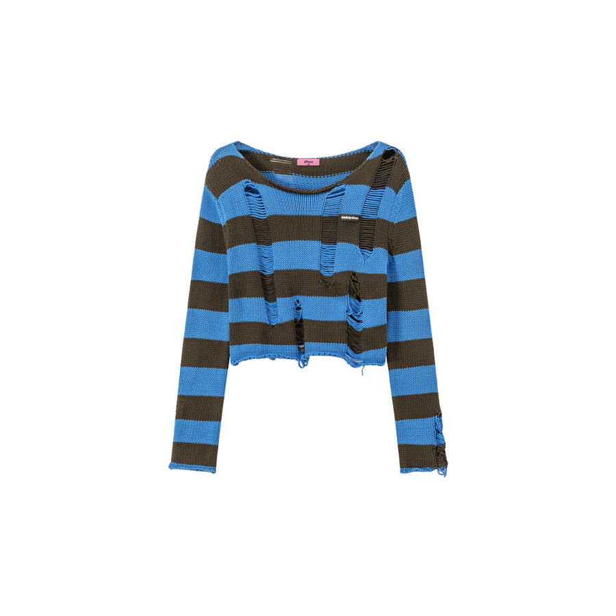 CHUU Distressed Stripe Crop Knit Top