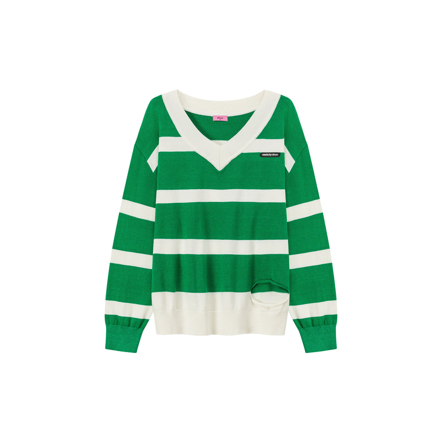 CHUU Color Matching V-Neck Striped Knit Sweater