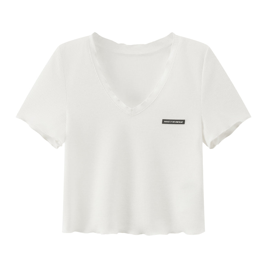 CHUU Frill Hem V-Neck Crop T-Shirt