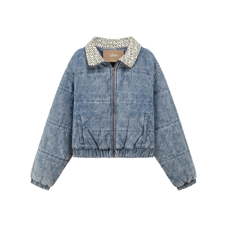 CHUU Heart Print Zip-Up Denim Jacket