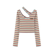 Colorful Stripes Chest Cutout Long-Sleeves Top