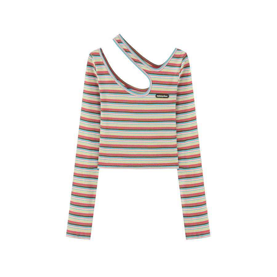 CHUU Colorful Stripes Chest Cutout Long-Sleeves Top