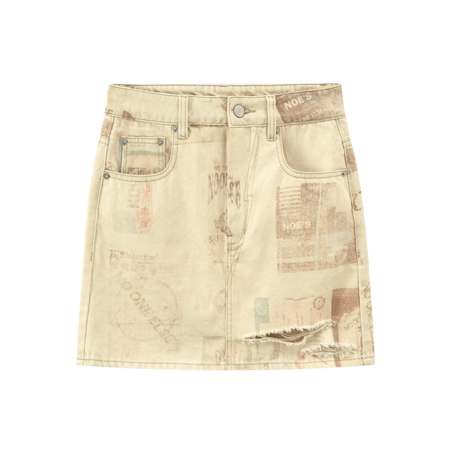 CHUU Vintage Print Damage Denim Mini Skirt