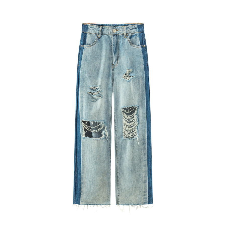 CHUU Bicolor Damaged Sstraight Jeans