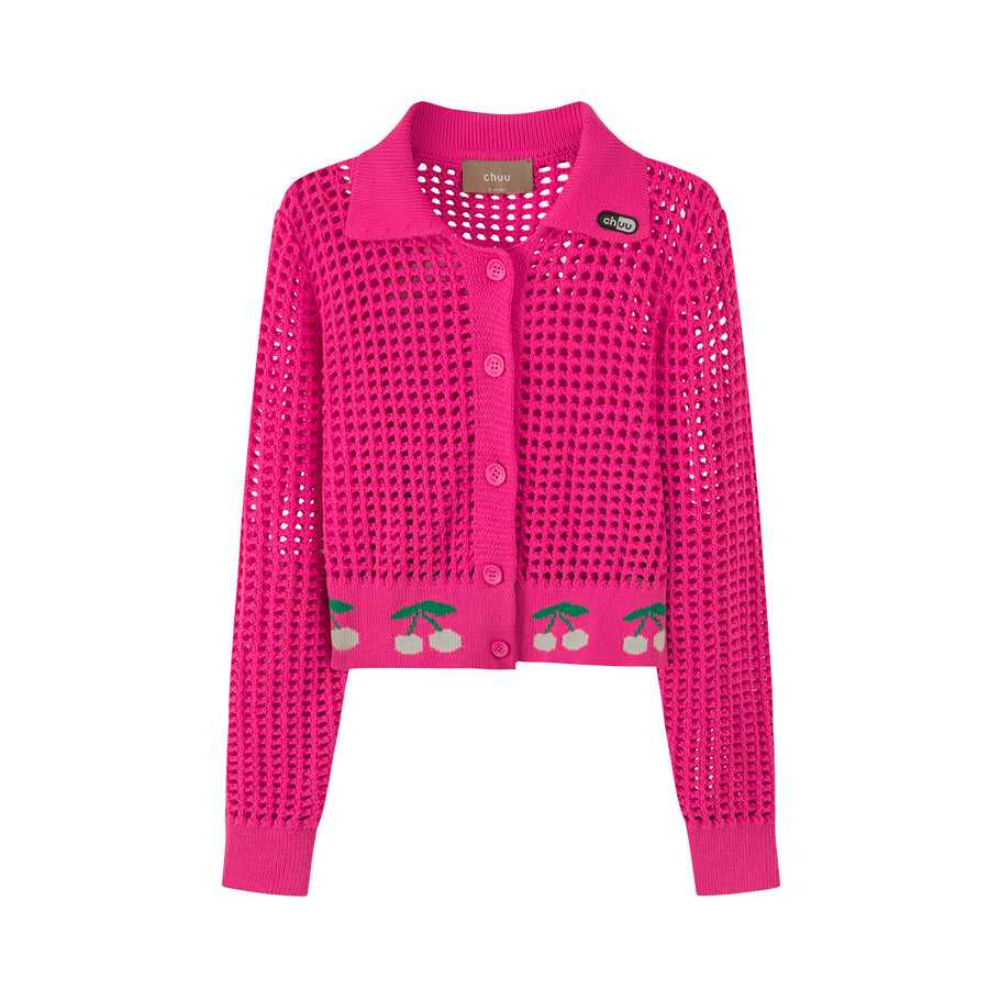 CHUU Hot Pink Cherry Crochet Crop Cardigan