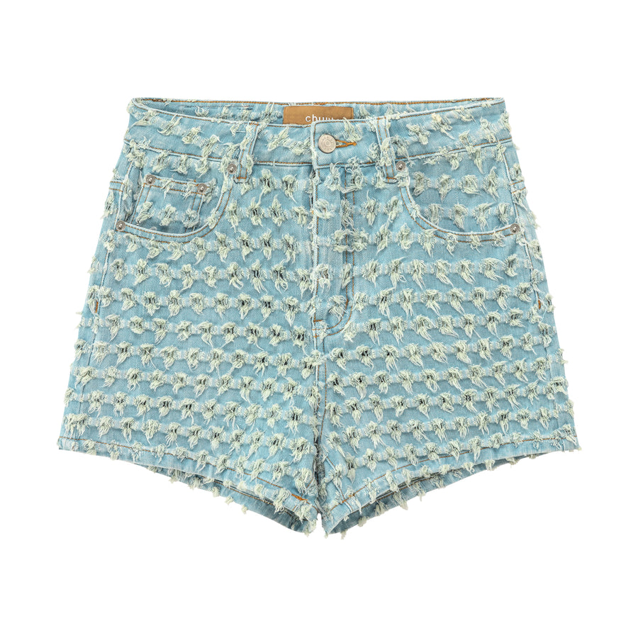 CHUU Eyelet Damage Denim Mini Shorts