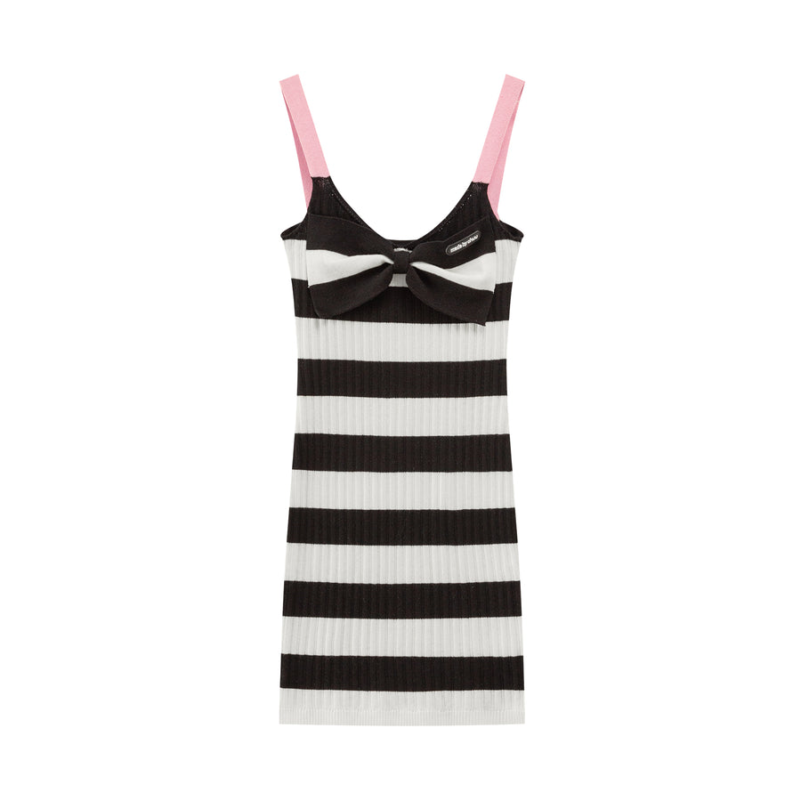 CHUU Big Ribbon Wide Stripe Ribbed Mini Dress