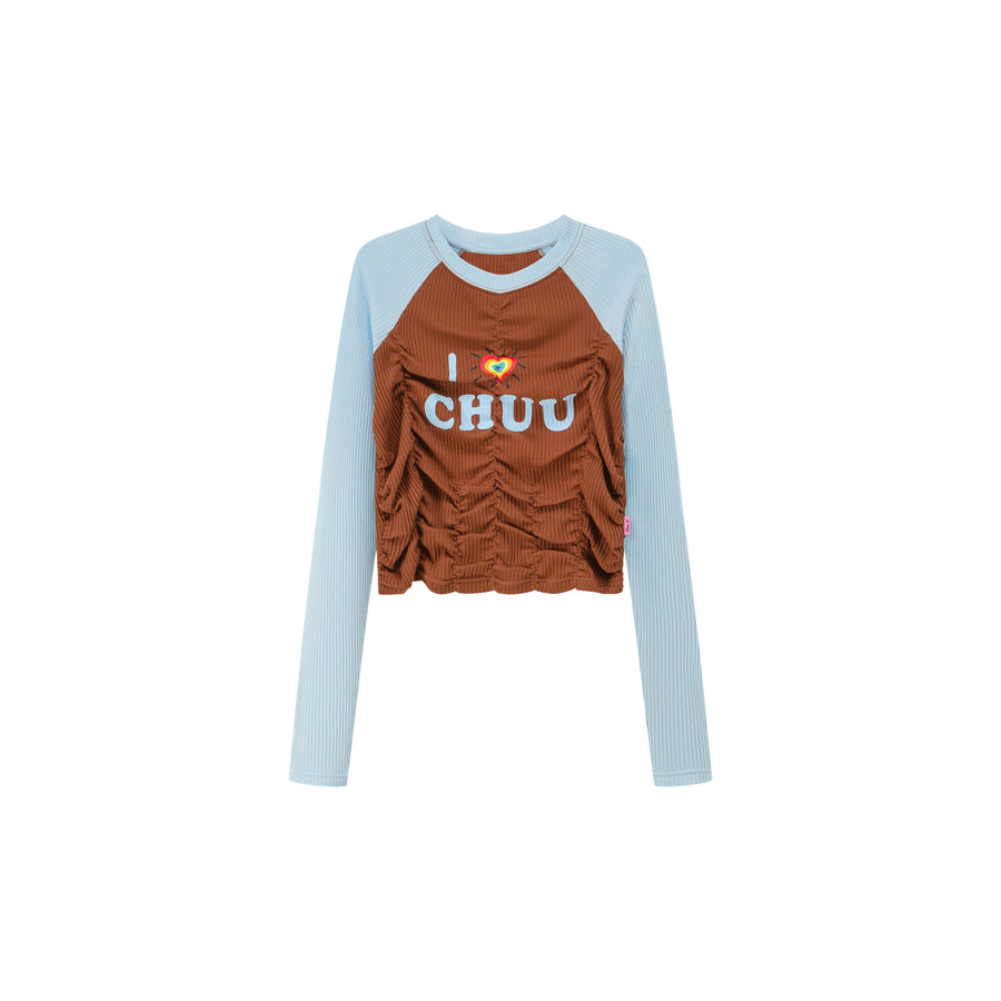 CHUU I Love Chuu Raglan Cropped Shirring T-Shirt