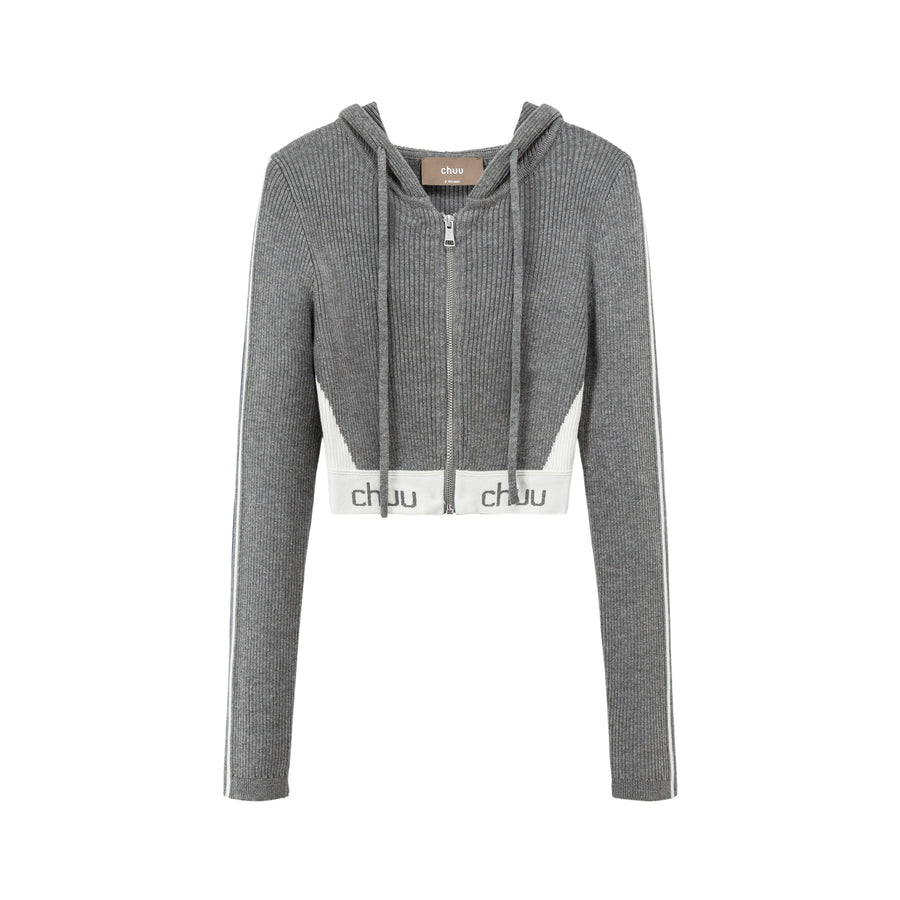 CHUU Knit Hooded Crop Zip-Up Cardigan