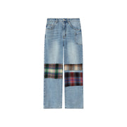 Tartan Patchwork Wide Straight Jeans