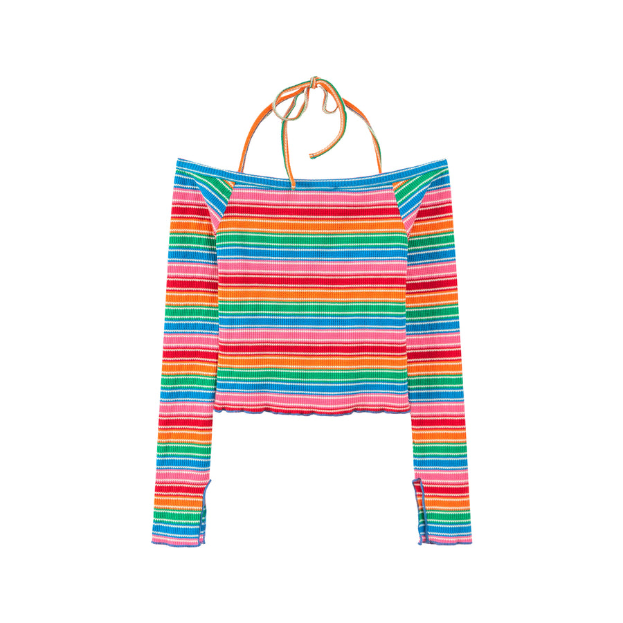 CHUU Rainbow Stripes Off-Shoulder Top