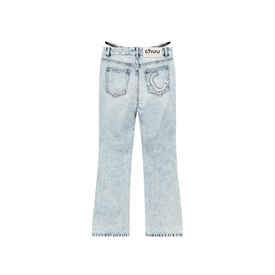 CHUU Unbalanced Hem Distressed Denim Jeans