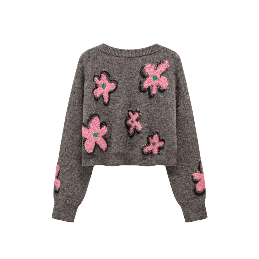 CHUU Dramatic Flowers Crop V-Neck Knit Sweater