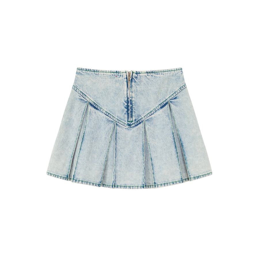 CHUU Paradise Island Washed Denim Pleated Skirt