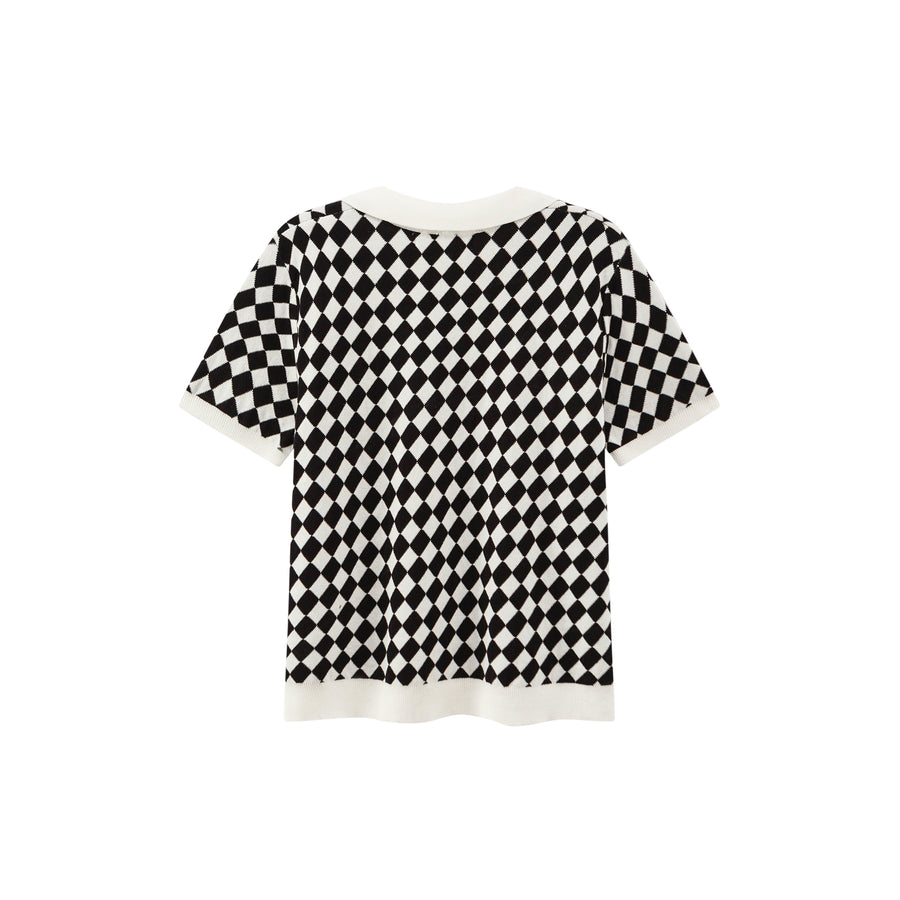 CHUU Diamond Check Ribbed Polo Top