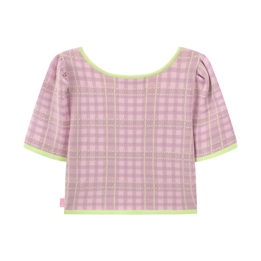 CHUU Check Puff Sleeve Knit Top