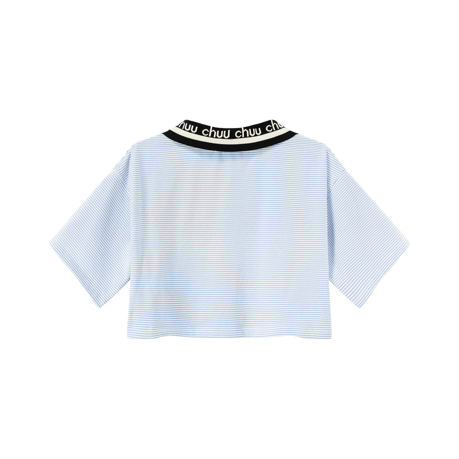 CHUU Chuu Lapel Striped Cropped T-Shirt