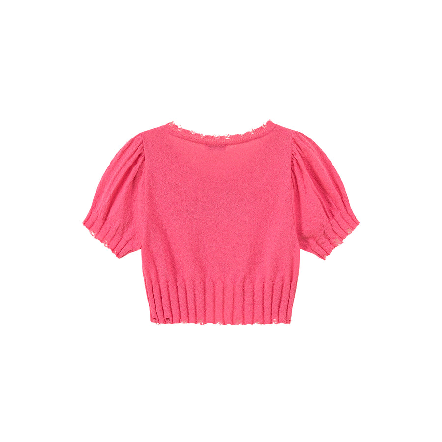 CHUU Embroidered Split Cropped Knit Top