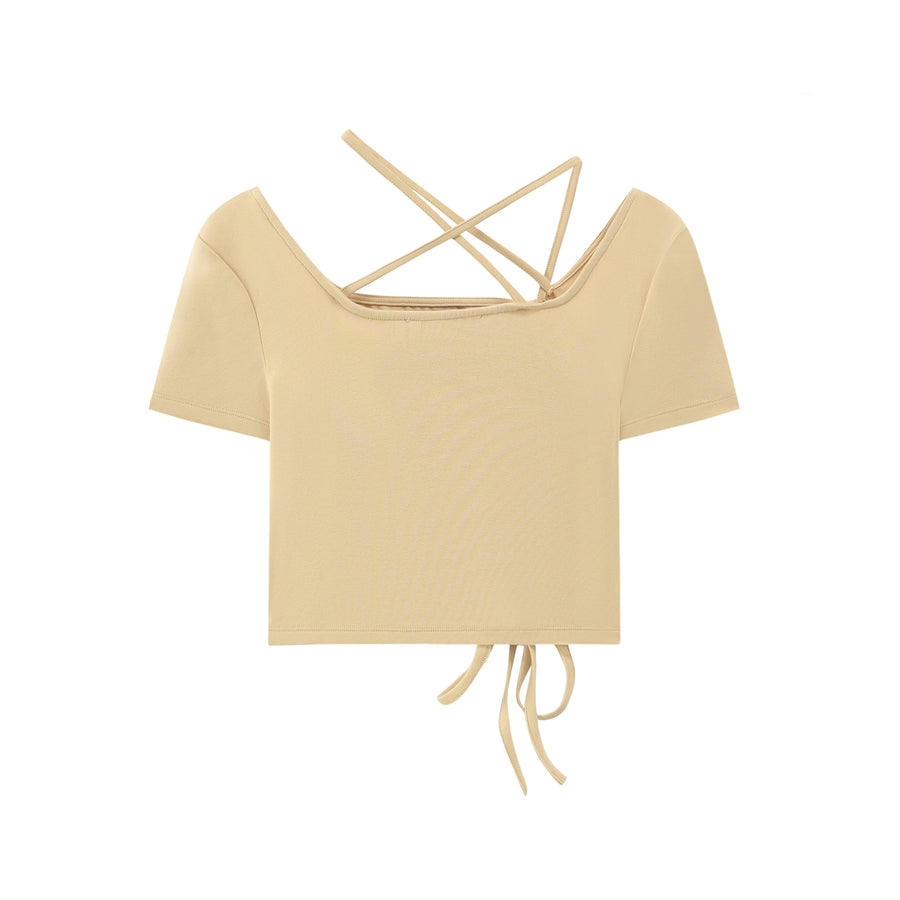 CHUU Unbalanced Shirring Crop Top