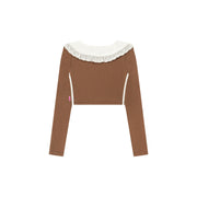 Eyelet Lace Collar Long-Sleeved Crop Top