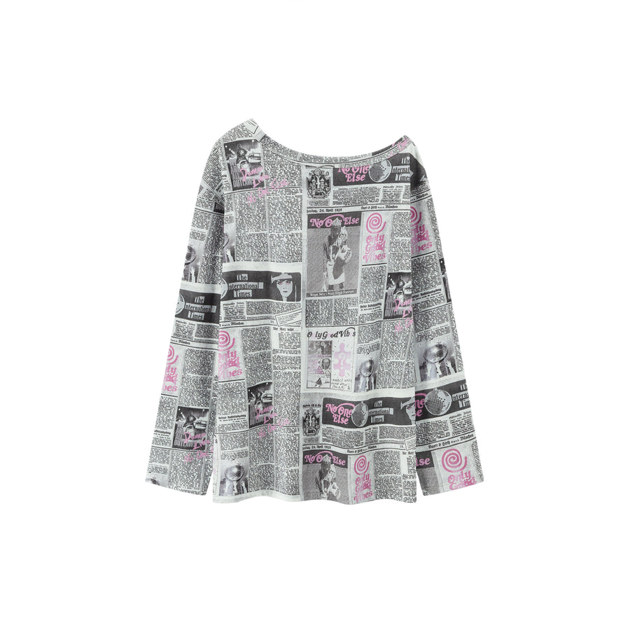 CHUU Printed Newspaper Off-The-Shoulder T-Shirt