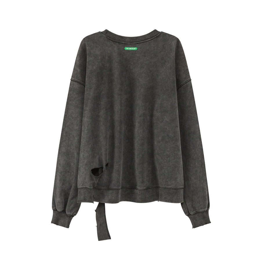 CHUU Unbalanced Distressed Long Sleeve Sweater