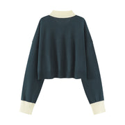 Polo Neck Cropped Knit Sweatshirt