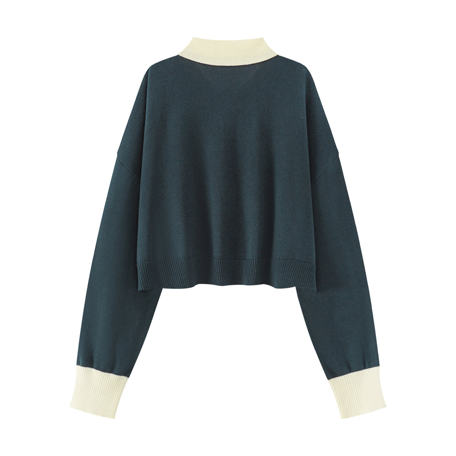 CHUU Polo Neck Cropped Knit Sweatshirt