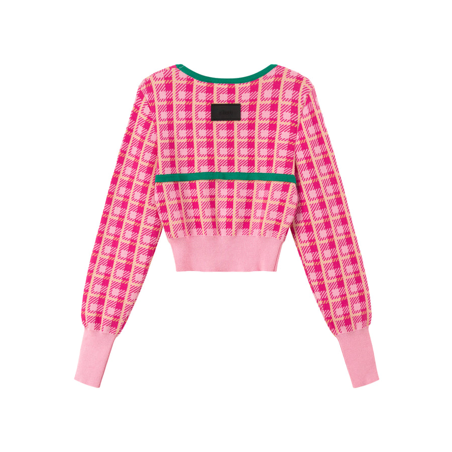 CHUU 2-Layers Chest Cutout Check Knit Sweater